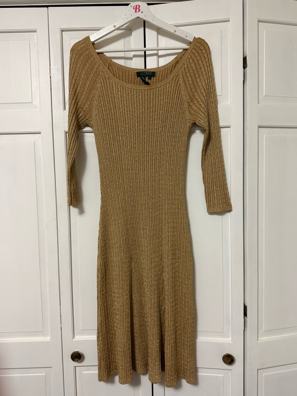 Lauren Ralph Lauren Metallic Gold Rib-Knit 3/4 Sleeve Midi Dress Silk Large